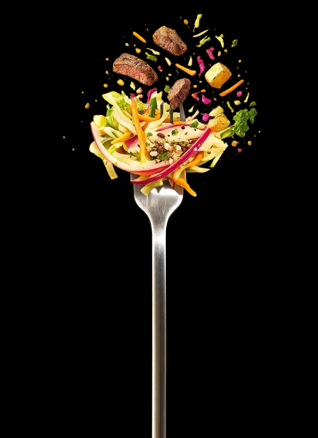 Tenedor con bocado de comida fresca de Dining Hall